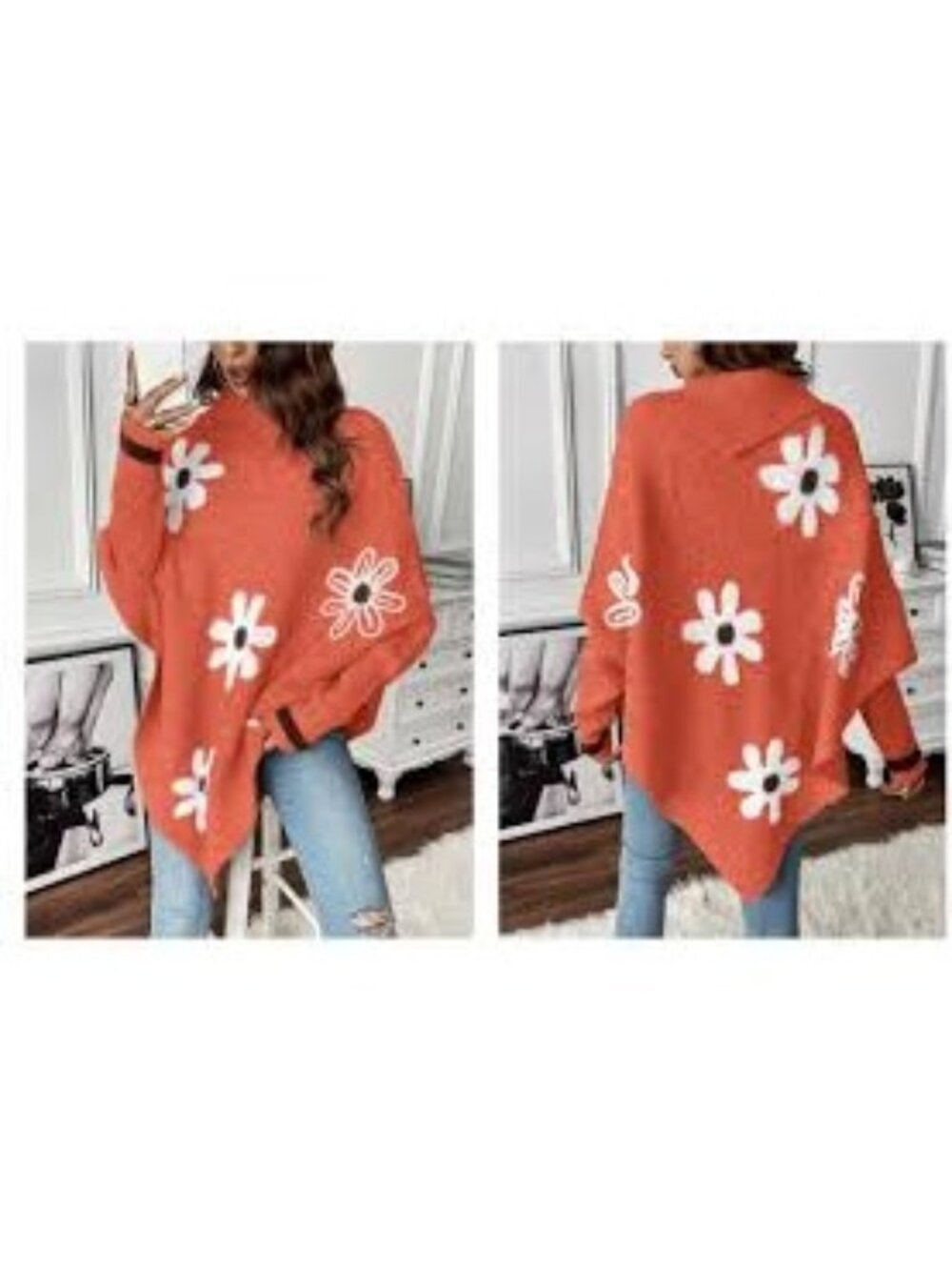 Shein Oversized Sweater Size 4 Women's Floral Print Asymmetrical Hem